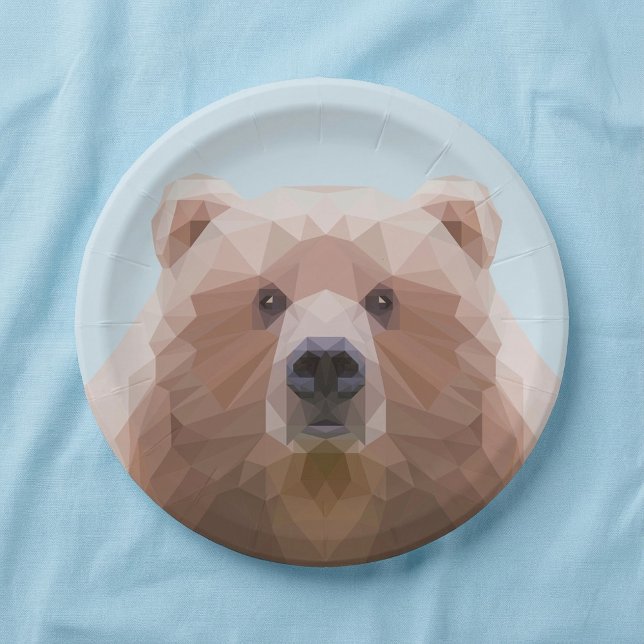 Prato De Papel Azul-castanho-geométrico (Cute geometric brown bear blue paper plates.)