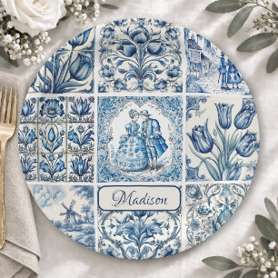 Prato De Papel Azul Chic branco toile de jouy Bonecas e flores