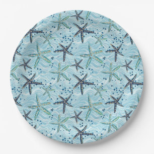 Prato De Papel Azul-claro e Starfish Dourado no padrão das ondas