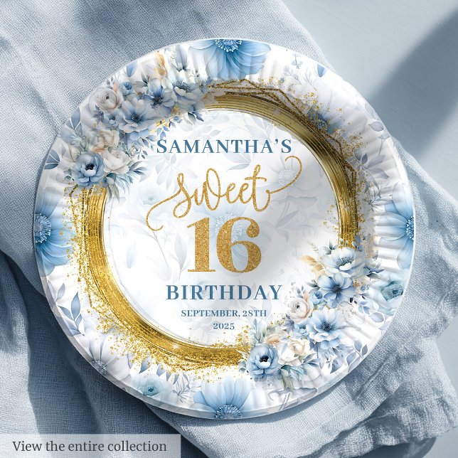 Prato De Papel Azul Claro Único Doce 16 Placa Luminosa Dourada (Unique Light Blue Sweet Sixteen Gold Glitter Plates)