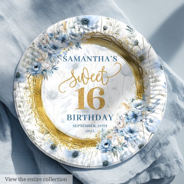 Prato De Papel Azul com poeira personalizada Doce 16 Dourado Aniv (Custom Dusty Blue Sweet 16 Gold Glitter Birthday Paper Plates)