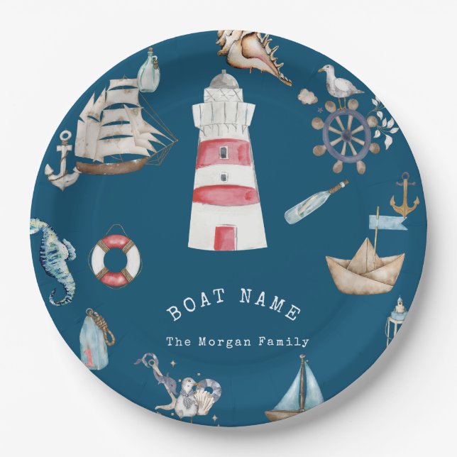 Prato De Papel Azul de Elementos Náuticos de Aquarela (Frente)
