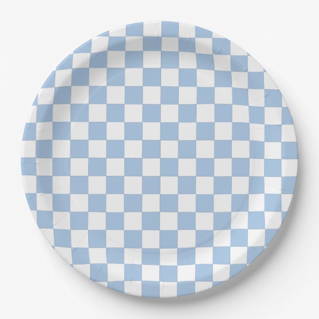Prato De Papel Azul Desbotado e Xadrez Branco (Frente)