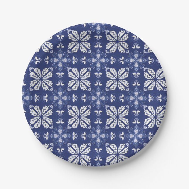 Prato de papel azul e branco com floral intrincado (Frente)