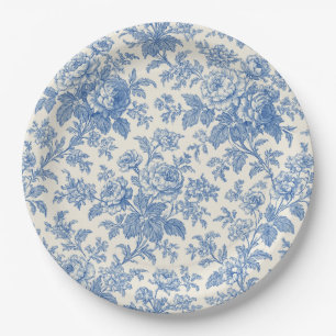 Prato De Papel Azul e Creme Floral Toile de Jouy