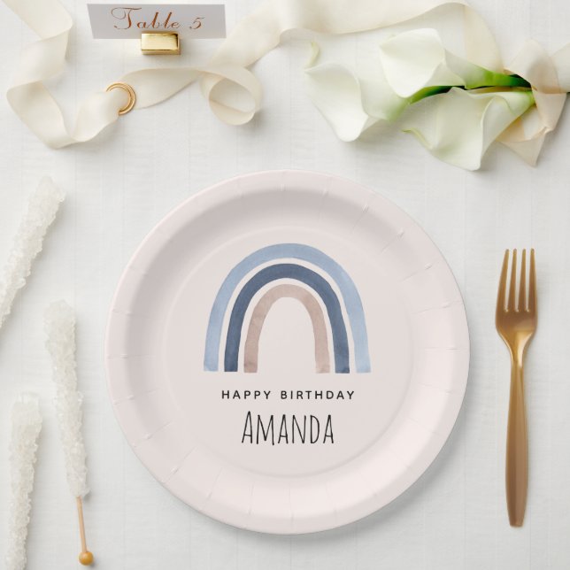 Prato De Papel Azul e Pêssego Arco-Íris Boho Design Aniversário (Casamento)
