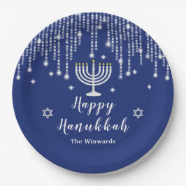 Prato De Papel Azul e Silver String Luzes Felizes Hanukkah