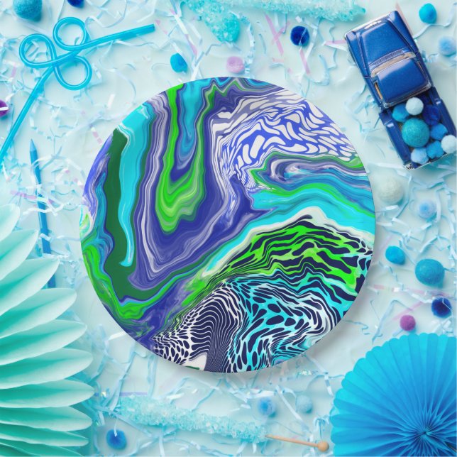 Prato De Papel Azul e Verde limão Marble Swirls Aniversário (Festa)