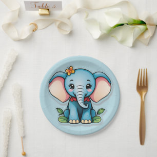 Prato De Papel Azul-Elefante Bebê Adorável