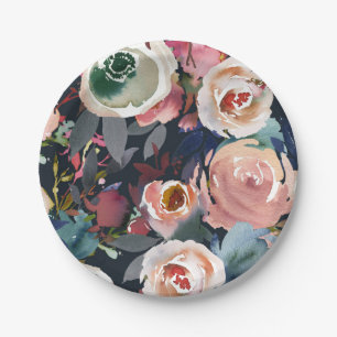 Prato De Papel Azul Escuro e Rosa Bege Água-Forte Floral Casament