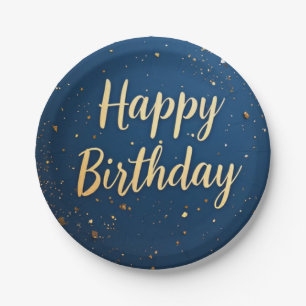 Prato De Papel Azul Escuro Elegante e Azul Faux Dourado Aniversár