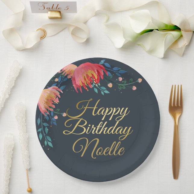 Prato De Papel Azul Escuro, Elegante, Flores Whimsical, Destaque  (Casamento)