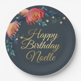 Prato De Papel Azul Escuro, Elegante, Flores Whimsical, Destaque 