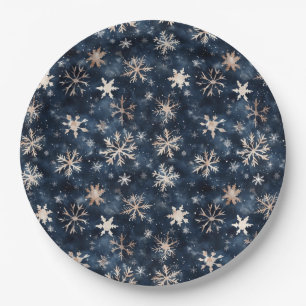 Prato De Papel Azul Escuro Simples com Flocos de Neve