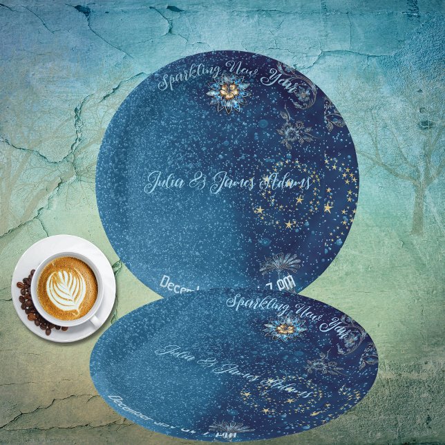 Prato De Papel Azul Espumante Ano Novo Estrelas de Brilho Festa F (Blue Sparkling New Year Glitter Stars Floral Party Paper Plates)