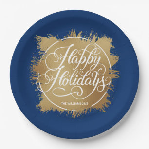 Prato De Papel Azul Faux Foil Happy Folidays Dourado
