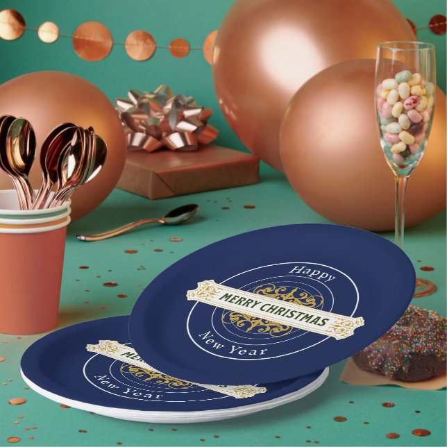 Prato de Papel Azul Feliz Natal, Feliz Ano Novo (Múltiplo)