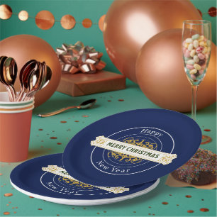 Prato De Papel Azul Feliz Natal, Feliz ano novo de papel