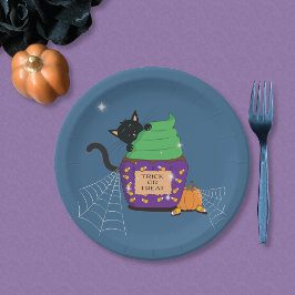 Prato de Papel Azul Halloween Gato Preto