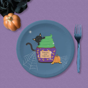 Prato de Papel Azul Halloween Gato Preto