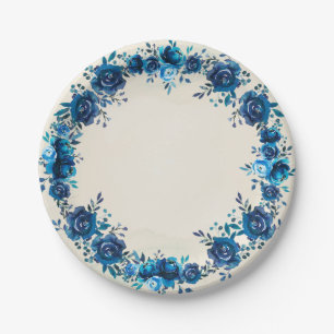Prato De Papel Azul Índigo e Flores Vintage em Aquarela Bege