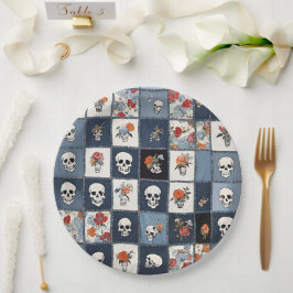 Prato De Papel Azul, Jean Denim, Patchwork Skulls E Florals