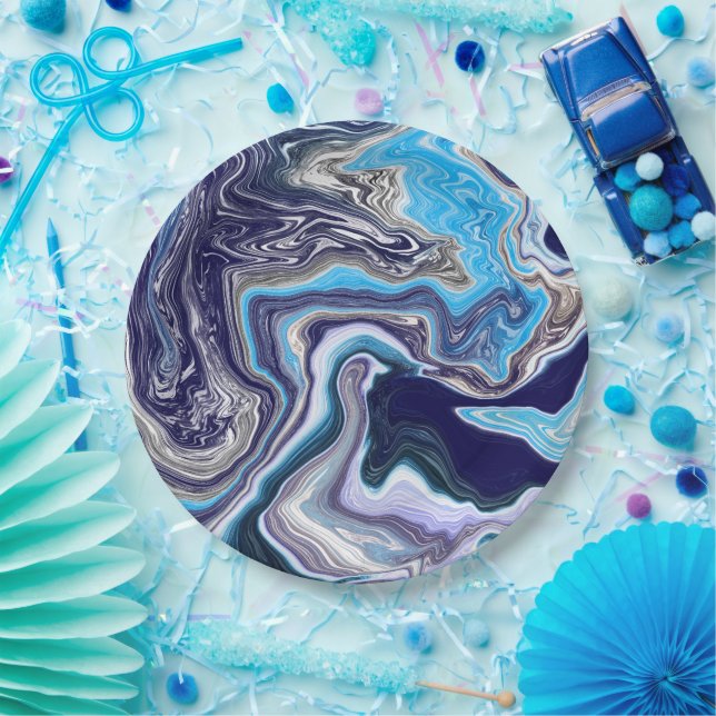 Prato De Papel Azul Marble Fluid Art Birthday (Festa)