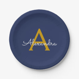Prato De Papel Azul Marinho Dourado Feminino Monograma Nome Moder