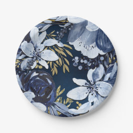 Prato De Papel Azul Marinho e Dourado Floral Aquarelado Elegante