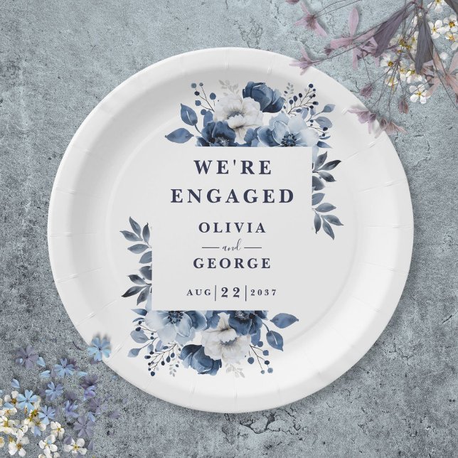 Prato De Papel Azul Marinho Elegante Floral Festa de Noivado Coun (Navy Blue Elegant Country Floral Engagement Party Paper Plates)
