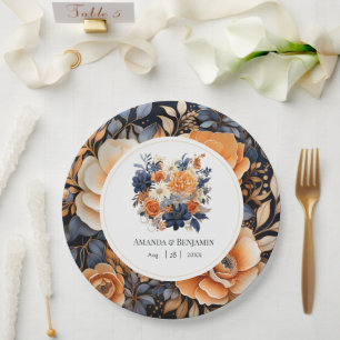 Prato De Papel Azul Marinho, Laranja Queimada e Casamento Floral 
