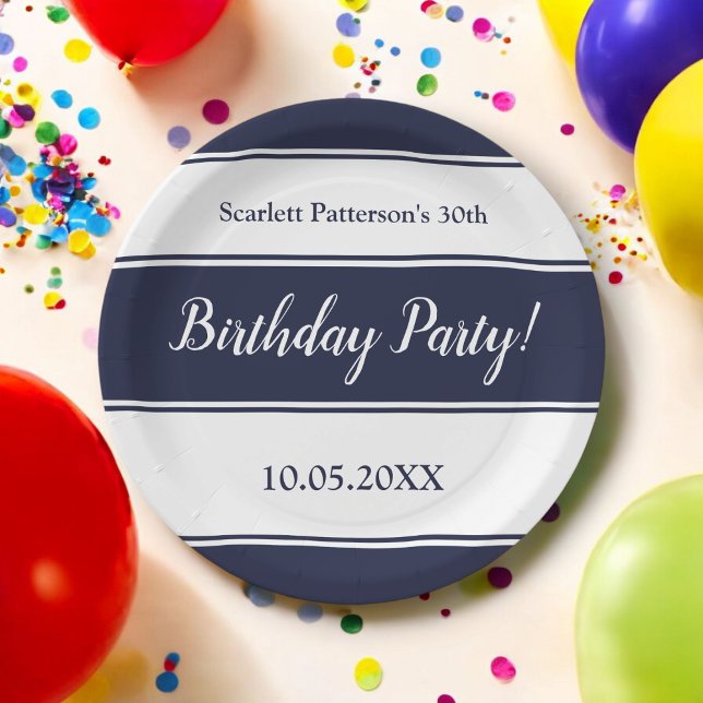 Prato De Papel Azul-Marinho moderno White Strips Elegante Anivers (Criador carregado)