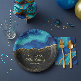 Prato De Papel Azul Marinho Teal Dourado Glitter Abstrato Aquarel