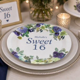 Prato De Papel Azul Marinho Verde Salvia Floral Doce 16 Aniversár