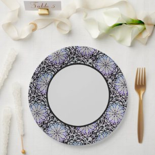 Prato De Papel Azul moderno, preto e cinza Floral Gráfico