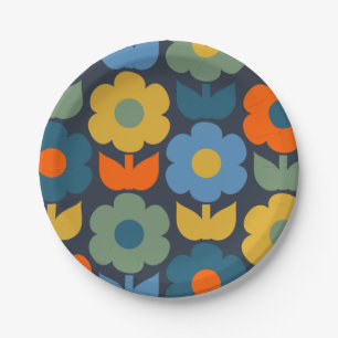 Prato De Papel Azul Padrão Floral Moderno Retro Scandi Cute