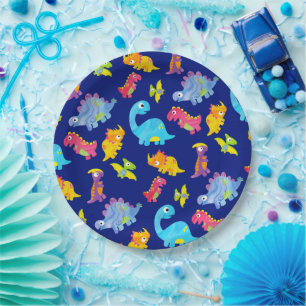 Prato De Papel Azul-padrão-Marinho bonito Dinossauro Aniversári