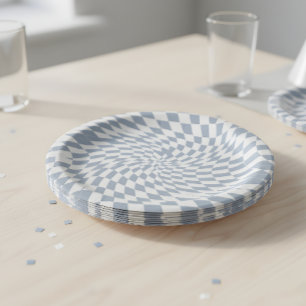 Prato De Papel Azul Poeirento e Creme Xadrez Torcido Espiral Hipn