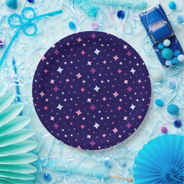 Prato De Papel Azul Rosa Estrelas Roxas Espaço Cósmico. (Festa)