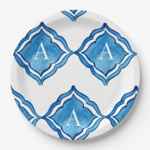 Prato De Papel Azulejo Azul Cobalto Mediterrâneo Monograma Redond
