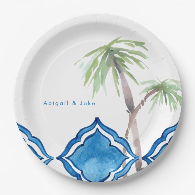 Prato De Papel Azulejo Azul de Cobalto do Mediterrâneo Personaliz (Frente)