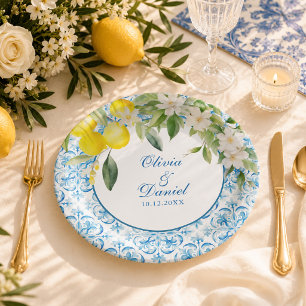 Prato De Papel Azulejo Azul Mediterrâneo e Casamento de Limão