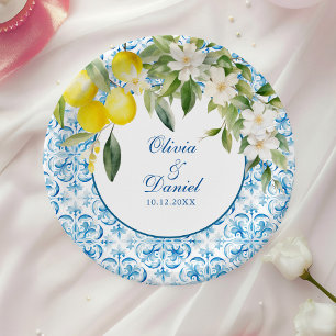 Prato De Papel Azulejo Azul Mediterrâneo e Casamento de Limão