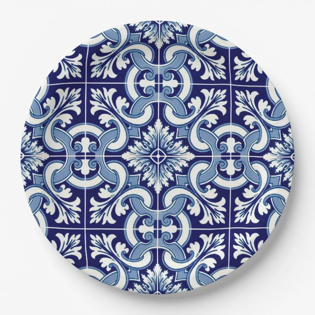 Prato De Papel Azulejo azul português (Frente)