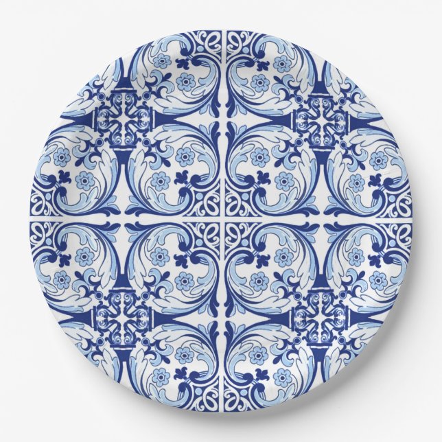 Prato De Papel Azulejo azul português (Frente)