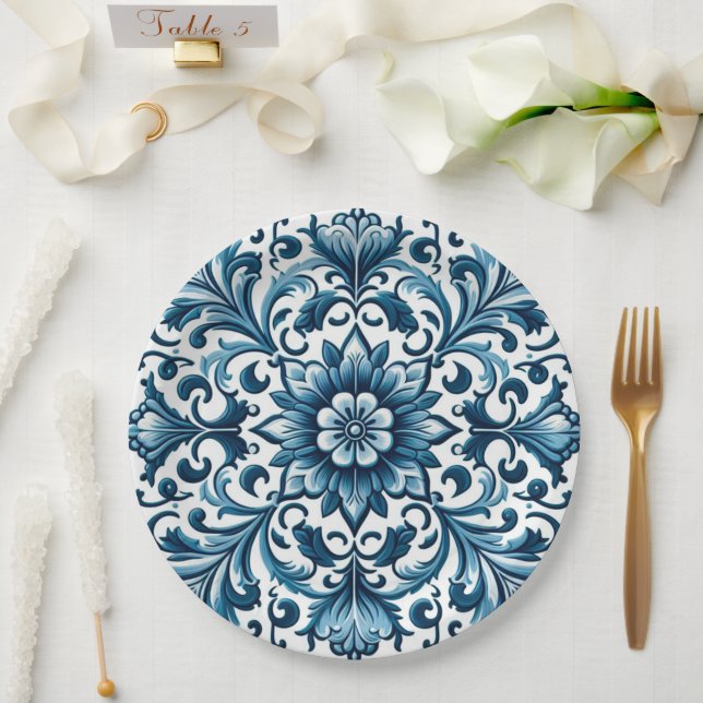 Prato De Papel Azulejo azul português (Casamento)