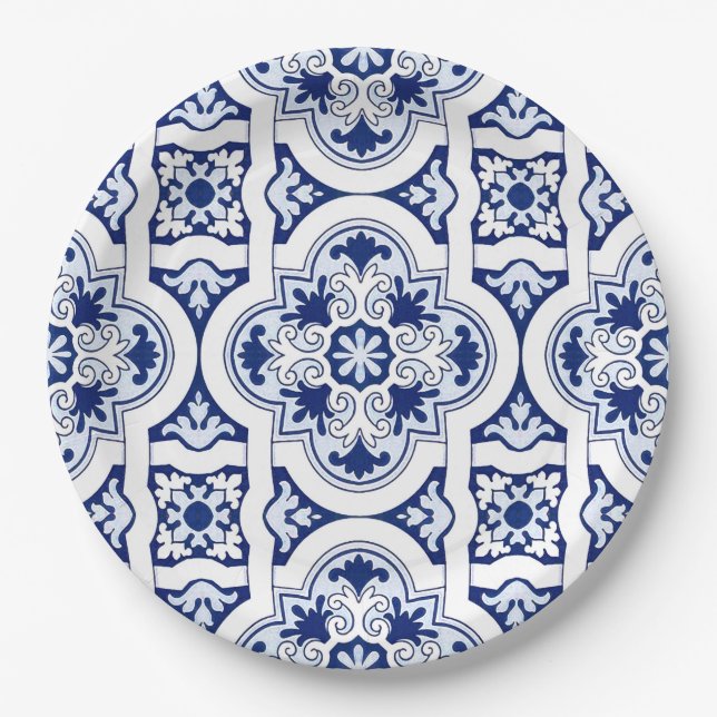 Prato De Papel Azulejo azul português (Frente)