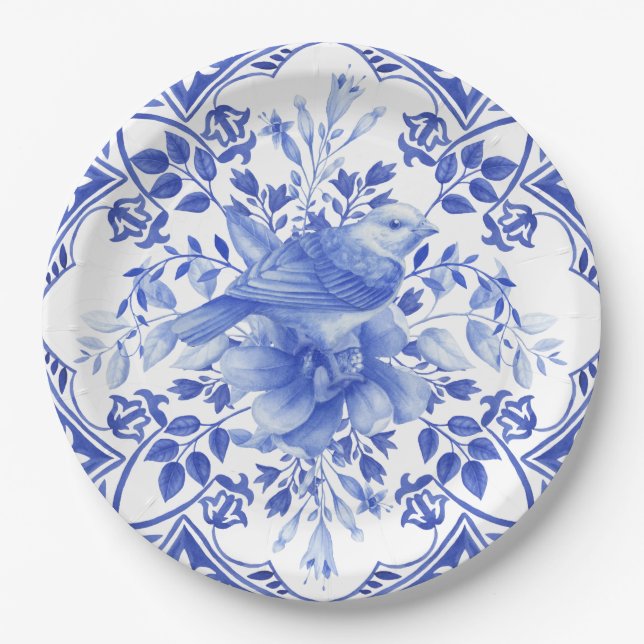 Prato De Papel Azulejo Floral Branco e Azul com Pássaro (Frente)