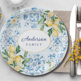 Prato De Papel Azulejo Italiano Azul Aquarela Personalizado Limão