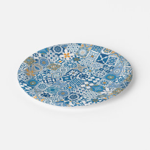 Prato De Papel Azulejo marroquino - azul e laranja